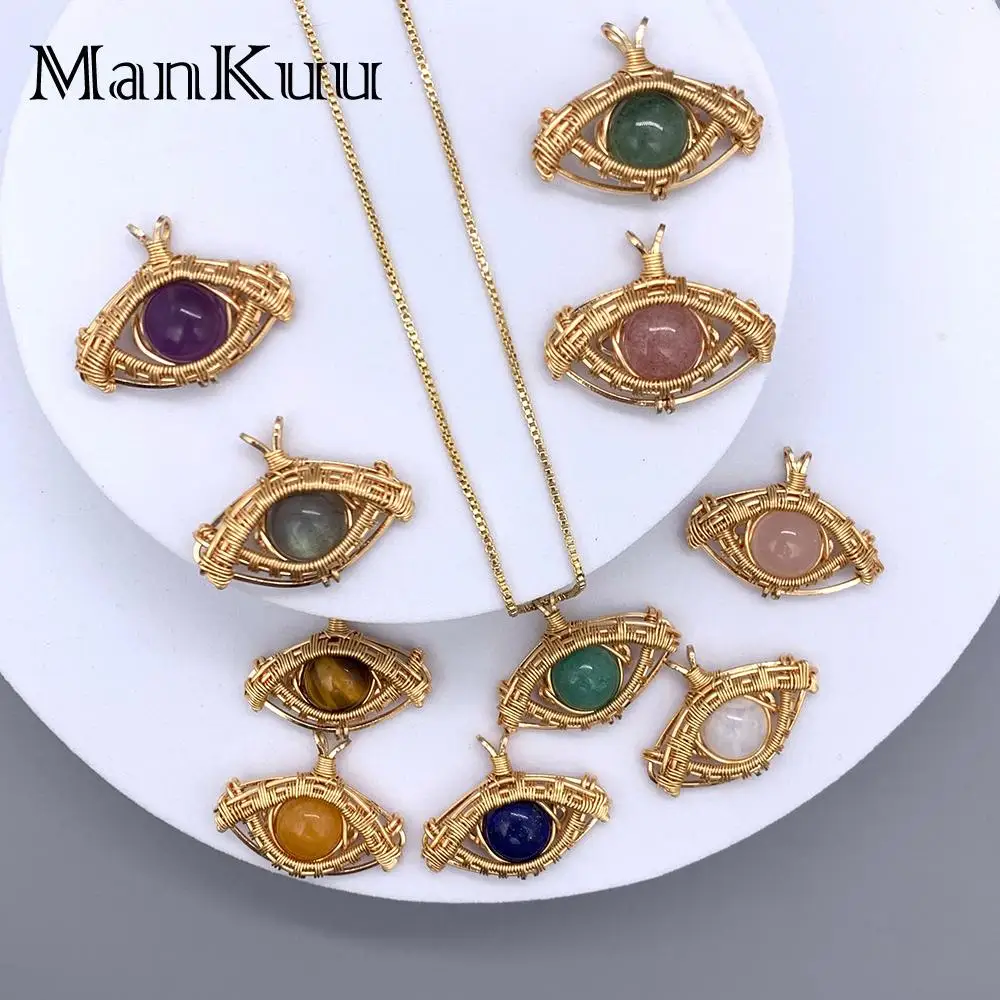 

Mankuu Fashion Jewelry Natural Crystal Healing Stone Amethyst Labradorite Gold Plated Hand Winding Eyes Pendant Women Necklace