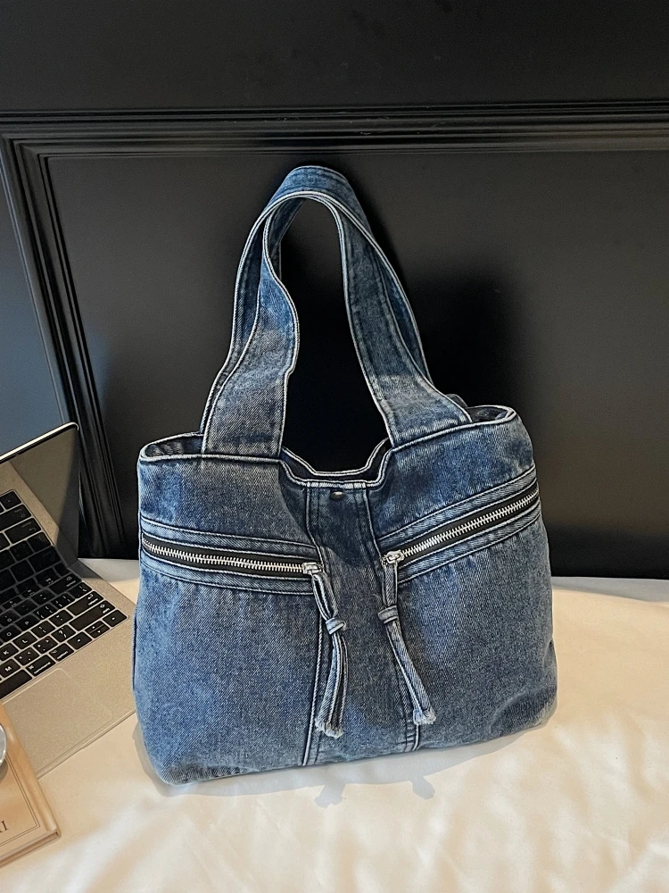 Casual Denim Shoulder Bag for Women Large Capacity Fashionable Student Class Handbag Soft Handle Magnetic Buckle Closure