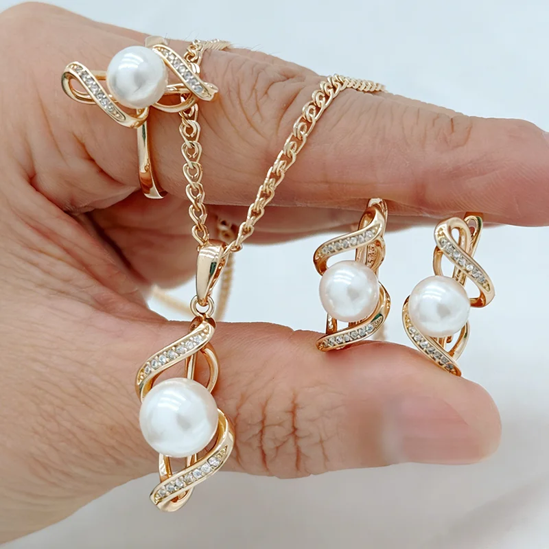 Kinel Luxury 585 Rose Gold Color Pendant Necklace Earrings Ring for Women Unique Hollow Pearl Bridal Wedding 3pcs Jewelry Set