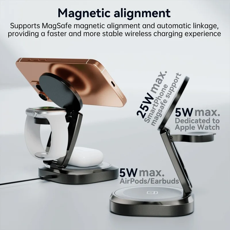 3-in-1 Magnetic Wireless Charger Stand For iPhone 17 16 Pro Max Apple Watch 11 Airpods Pro Travel Folable Fast Charging Station