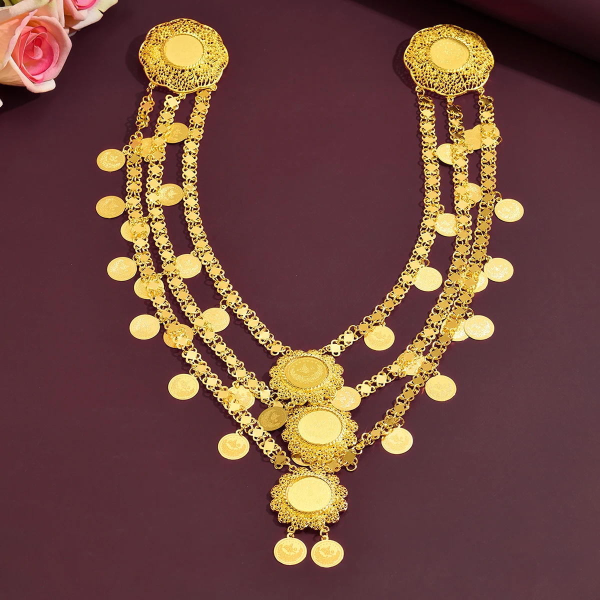 Middle Eastern Hollow Gold Coin Tassel Chest Accessory, Bridal Kaftan Wedding & Belly Dance Decoration