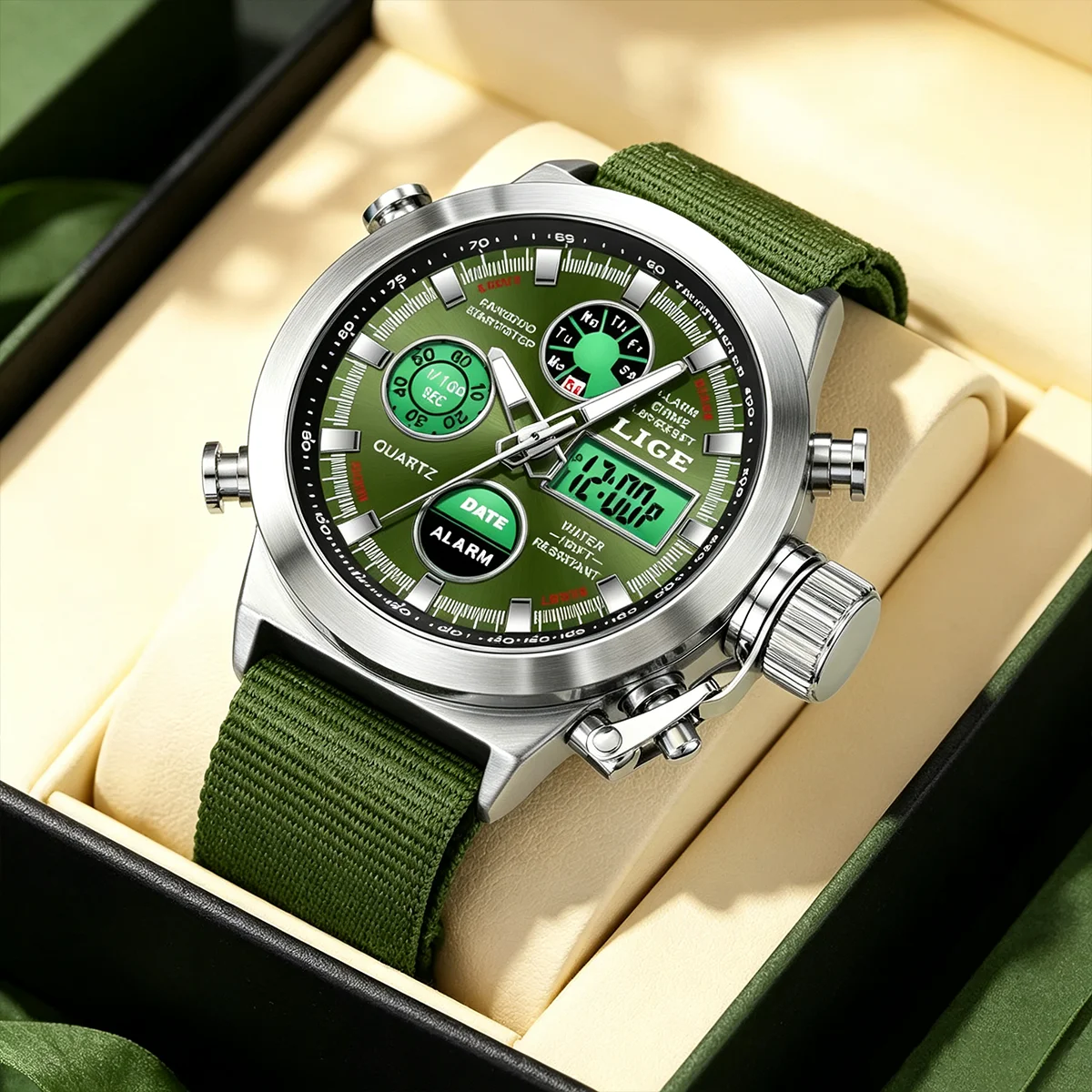 LIGE Military Men Watches Dual Time Waterproof Sports Wristwatch Army Green Tactical Digital Quartz Watches Clocks reloj hombre