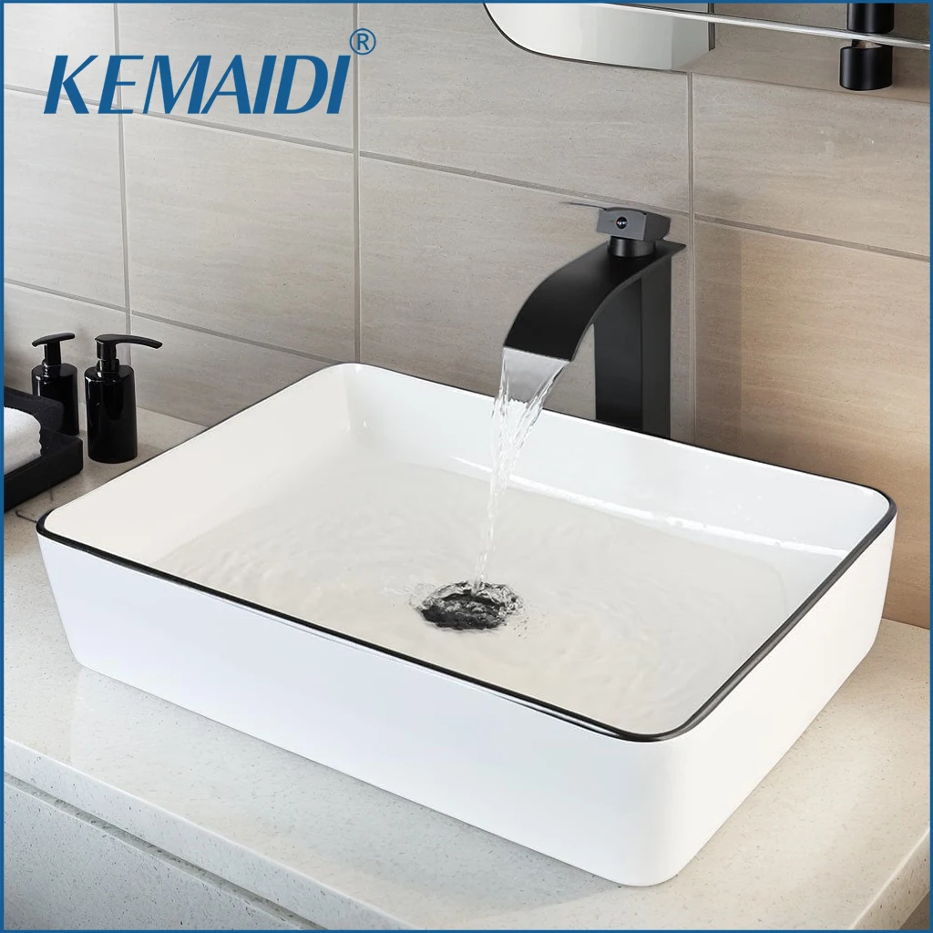 

KEMAIDI 20 Inch Large Bathroom Vessel Sink with Black Faucet White Ceramic Sink Basin Rectangular Bathroom Sink Above Counter