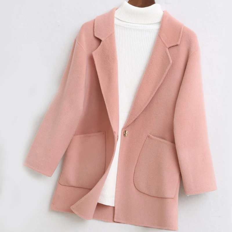 Autumn Winter New Double-Sided Woolen Coat 100% Pure Wool Short Loose Fit Blazer Collar Woolen Jacket for Petite Women