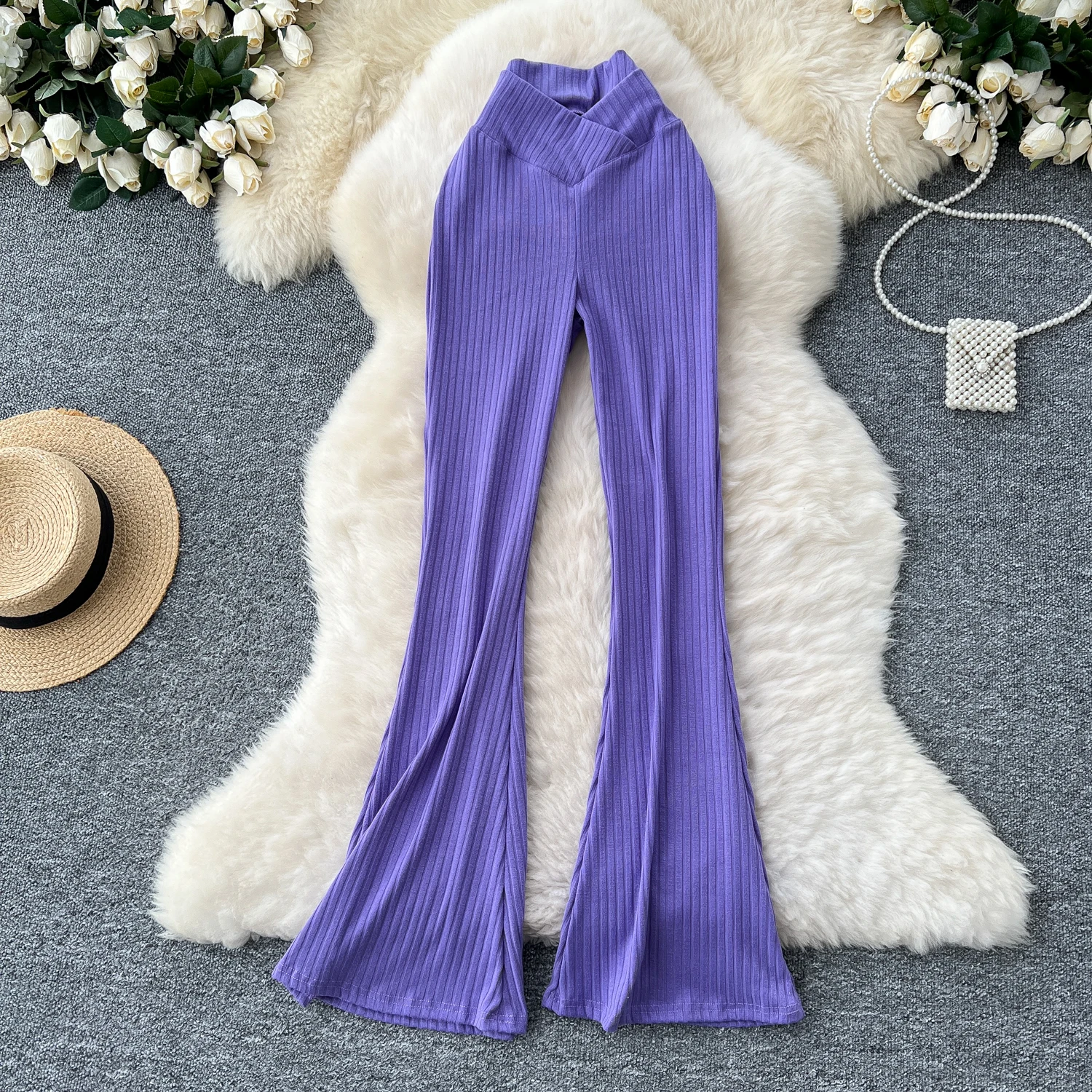 Hotsweet High Waist Criss-Cross Basics Floor Length Wide Leg Flare Pants Fashion Streetwear High Street Autumn Winter Clothing