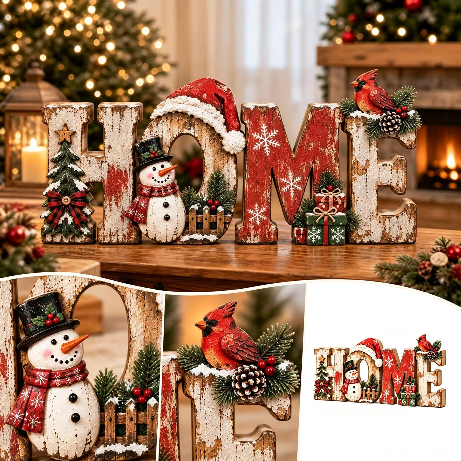 2D Wooden Sign Christmas Tabletop Decor Snowman Bird Wooden Plaque Ornament Rustic Xmas Mantel Tiered Tray Decoration