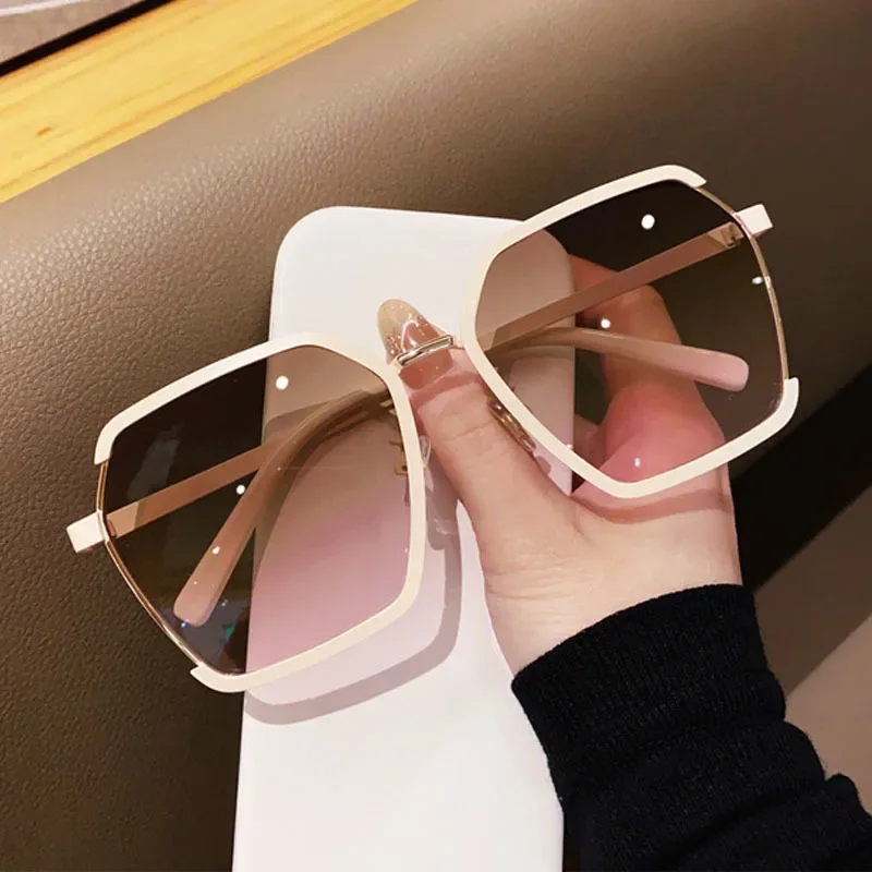 New Women Luxury Square Metal Half Frame Sunglasses Oversized White Tea Sun Glasses Female Shades Travel Sunshades Gafas De Sol