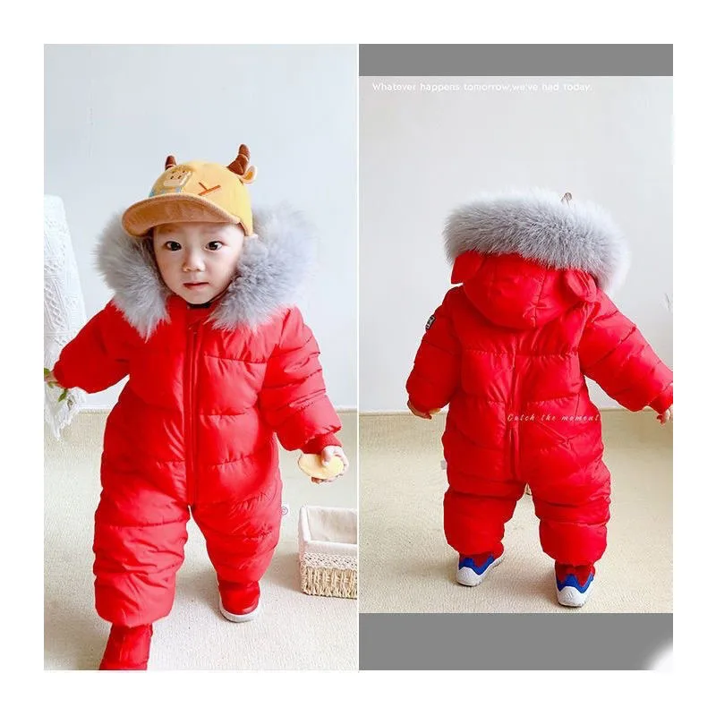 Winter Baby  Jumpsuit with Real Fox Fur Lined Overalls Infant Romper Snowsuit for Little Boys 1-3 Years