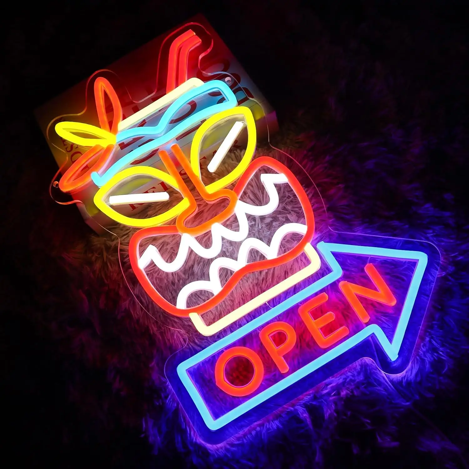 Tiki Bar Open Neon Sign  USB Dimmable LED Neon Light  for Beer Bar Beach Recreation Room Shop Tropical Party Decoration Gift