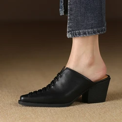 NEW Summer Women Mules Genuine Leather Shoes for Women Cover Toe Chunky Heel Slippers Cross-tied Pointed Toe Black Women Sandals