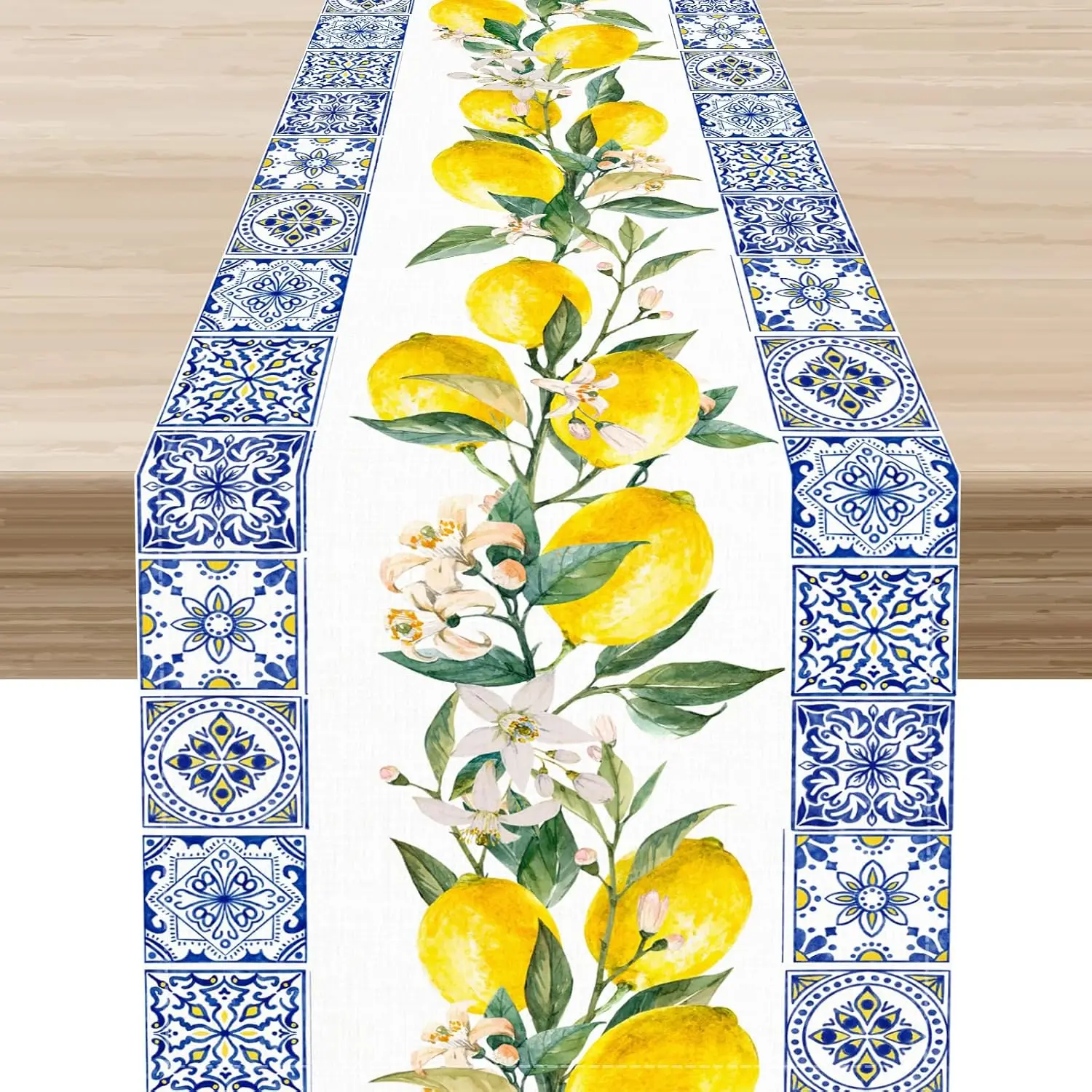 Blue Geometric Tiles Lemon Linen Table Runner Home Decor Summer Floral Fruit Green Leaf Kitchen Dining Table Runners Party Decor