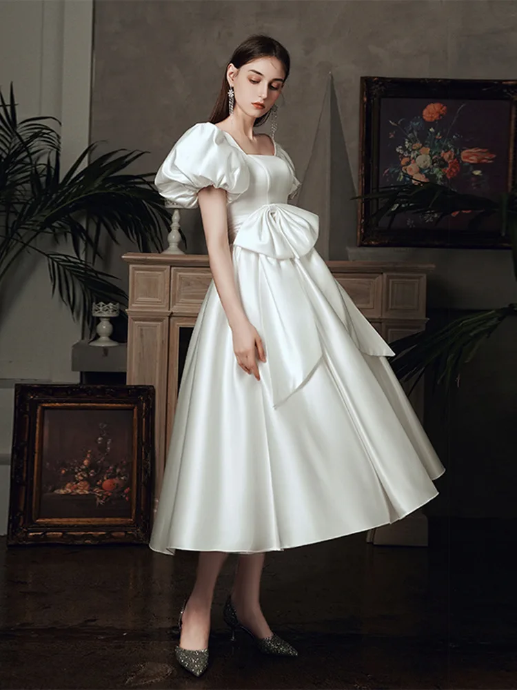 White Satin Wedding Dresses for Bride Elegant Puff Sleeve Retro Hepburn Palace Princess Dress Summer Women Long Formal Dress