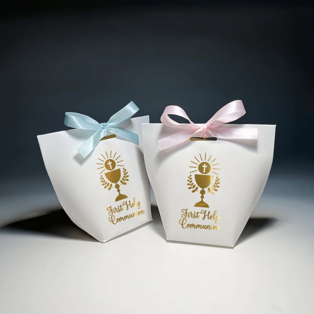 Golden Embossed White Candy Box Gift Packaging | Illuminated Chalice and Cross | Ideal for First Communion Parties