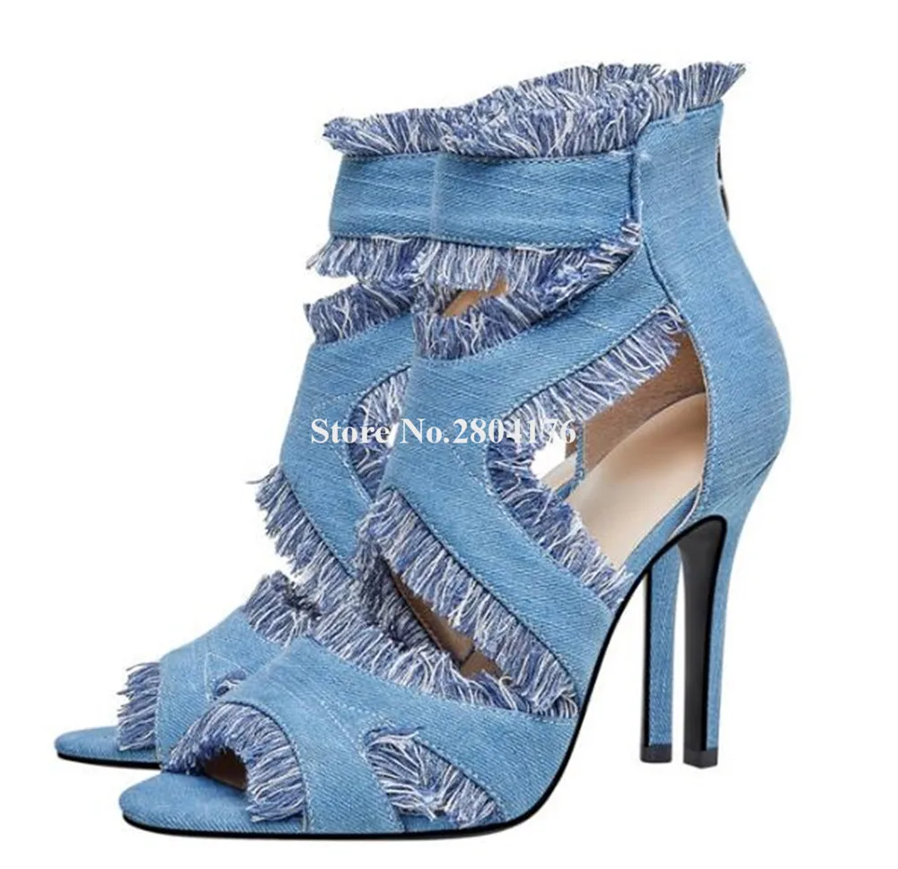 Newest Blue Denim Fringes Stiletto Heel Sandals Open Toe Straps Cross Thin Heels Tassles Sandals Party Heels