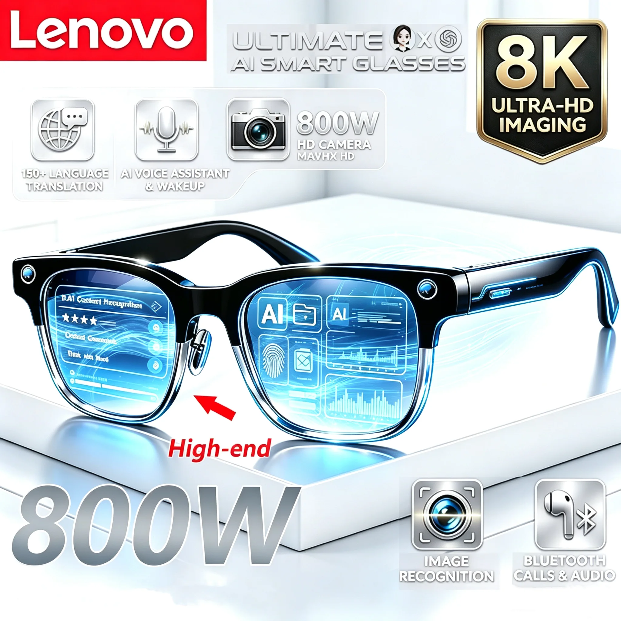 Lunettes Intelligentes IA Haut de Gamme Lenovo 800W HD 8K avec Caméra de Prise de Vue, Photo, Vidéo, Appel Vocal, Traduction, Bluetooth et IA pour Moto
