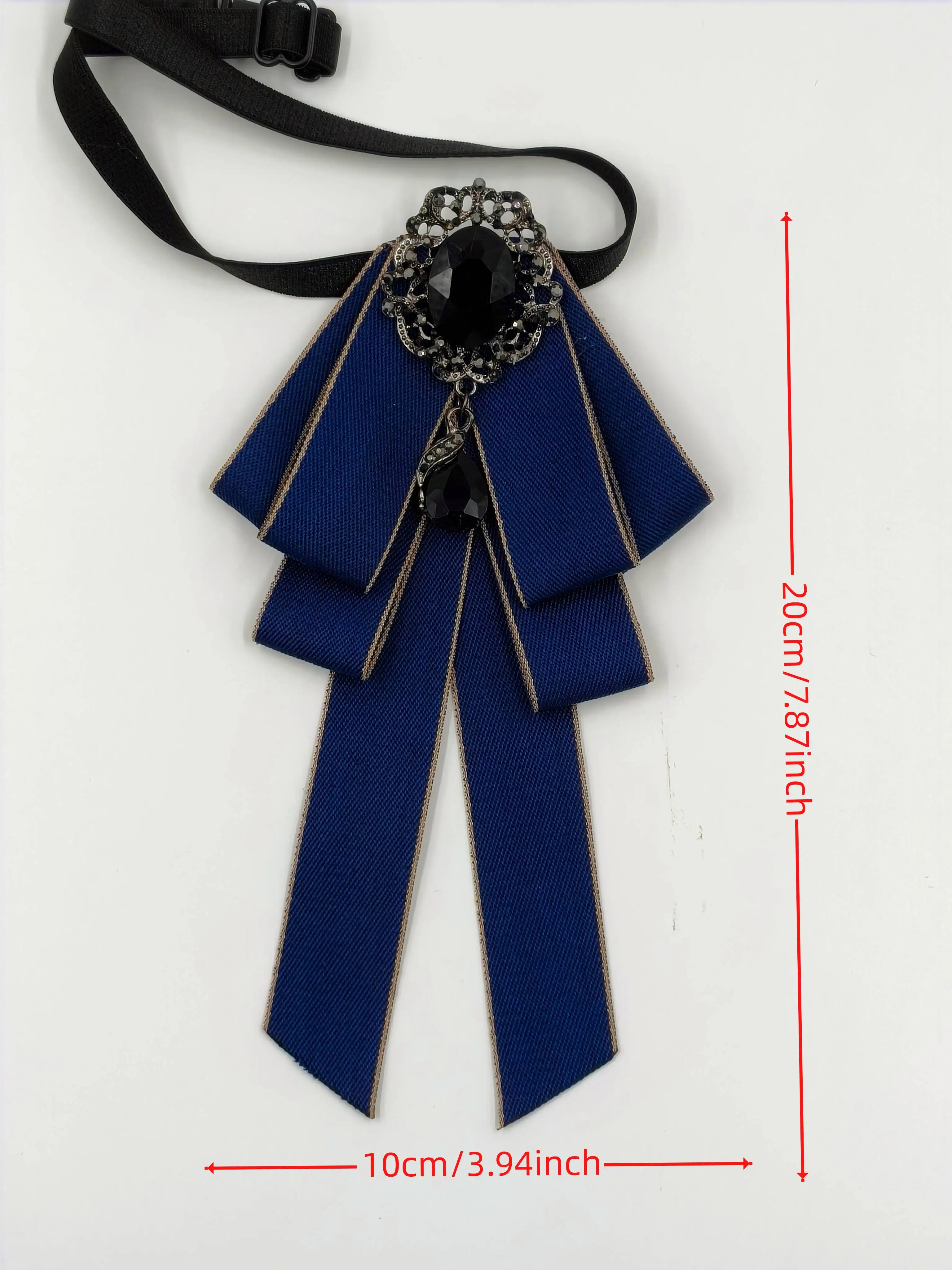 French-Style Vintage Royal Blue Satin Ribbon Flower, Gunmetal Hollow Flower Base Inlaid with Faceted Black Gemstones + Teardrop Pendant, Decorative Bow Tie for Lolita Dresses, Formal Wear, and Photo Shoots