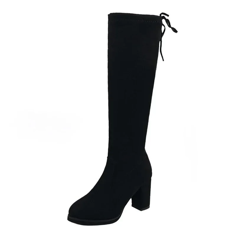 

Faux Suede Female Heels Autumn Zipper Elastic Knee-high Boots for Women Tube Lace-up Thigh Gigh Boots Black Botas Mujer 9222