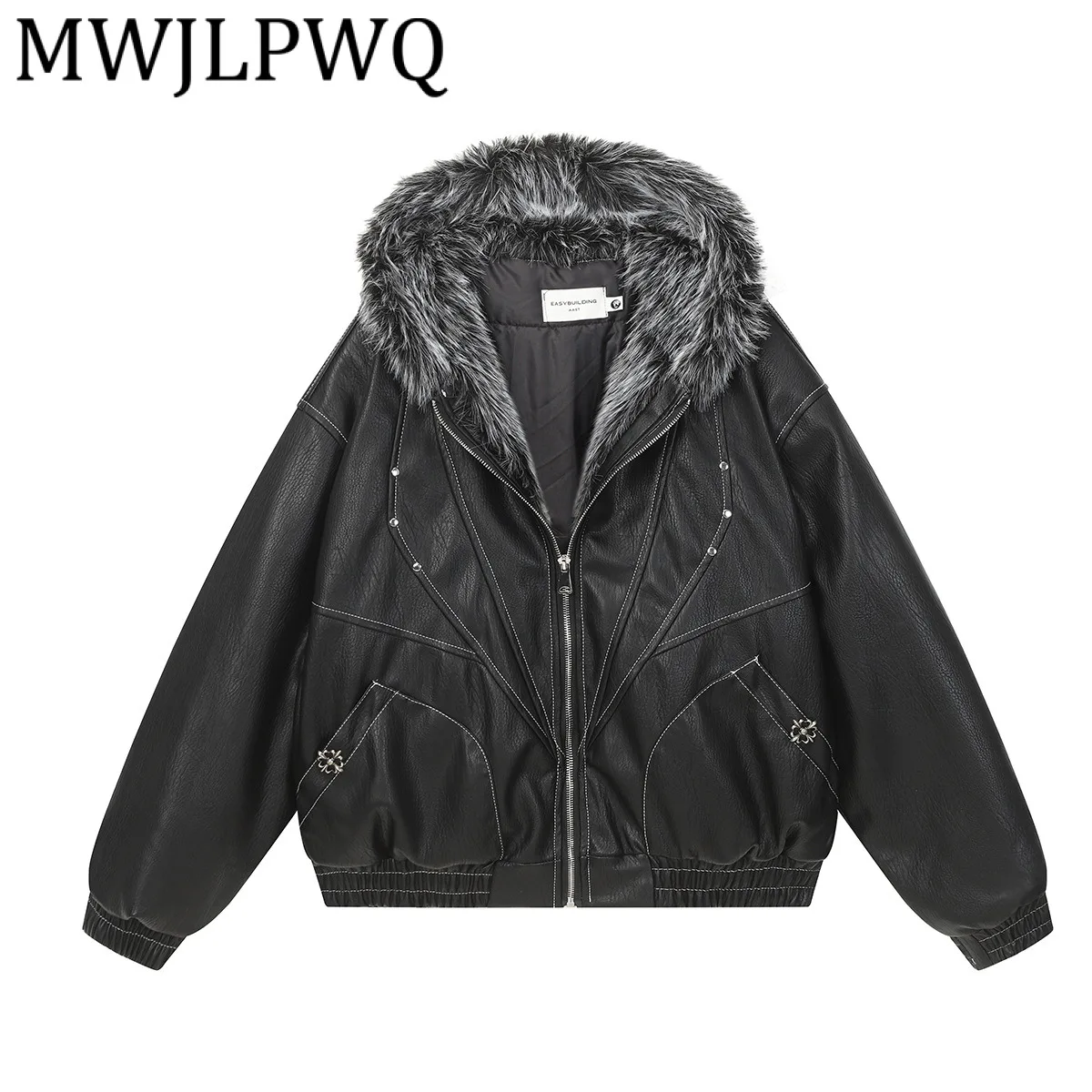 

MWJLPWQ High Street Spliced Fleece Leather Jacket Padded Men's Niched Style Fur Collar Cotton Coat Trendy 2025 Winter 22038