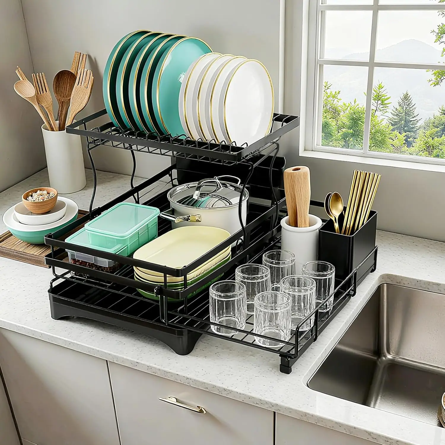 

Extendable 2 Tier Stainless Steel Dish Drying Rack | Large Over-The-Sink Rust-Resistant Rack | High Capacity with Utens