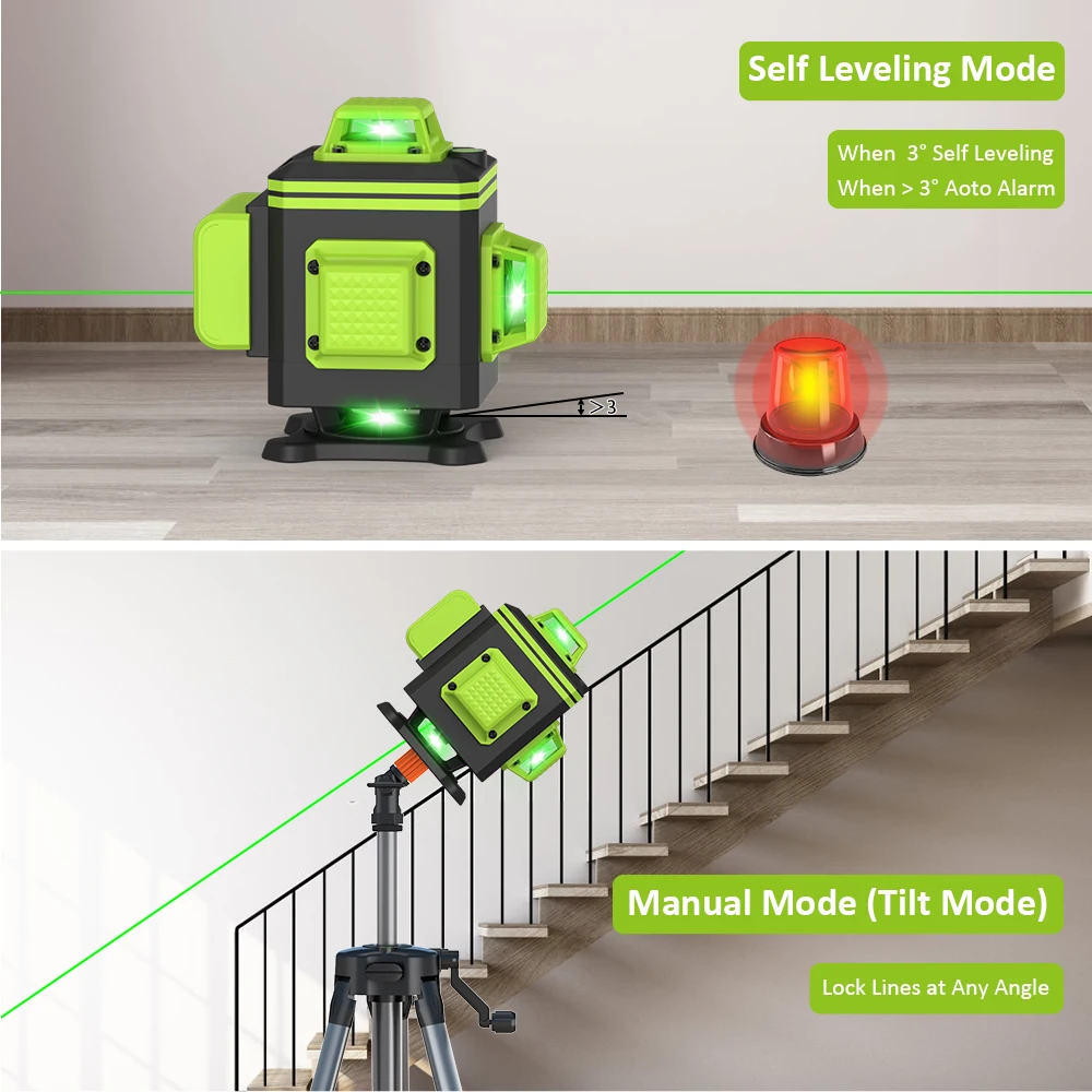 Lfine Nivel Laser 4D 16 Lines 360°Self-leveling Laser Levels withTripod and Suitcase Green Lines Professional Laser Level Tool