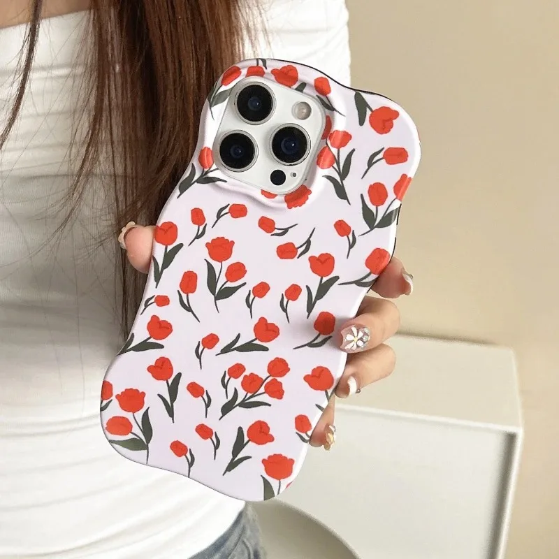 

Korean Floral Phone Case For IPhone 13 14 15 16 17 Promax 2 IN 1 Wave Edges Comfortable Touch Rose Flowers Hard Slim Girly Cover