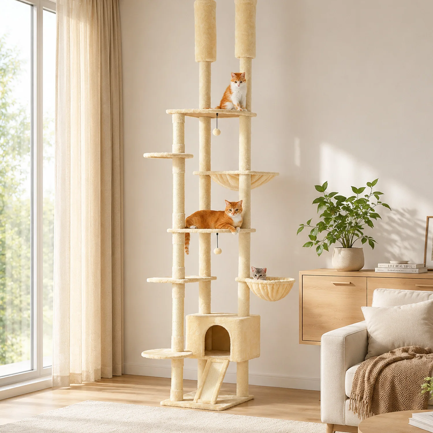 Leopard Print Adjustable Height Cat Tree for Indoor, Floor to Ceiling Cat Tower with Scratching Posts, Cat Condo, Hammock and Dangling Balls