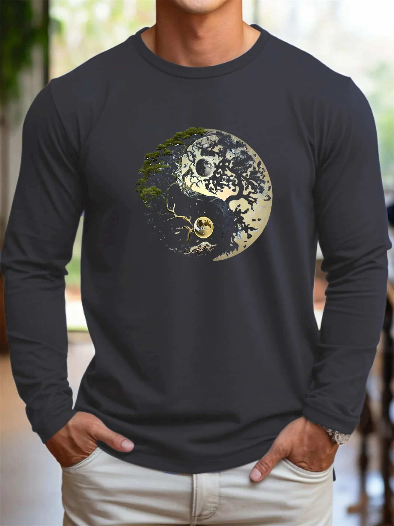 100 cotton men's long sleeved round neck loose classic yin-yang tree pattern printed autumn and winter casual versatile T-shirt