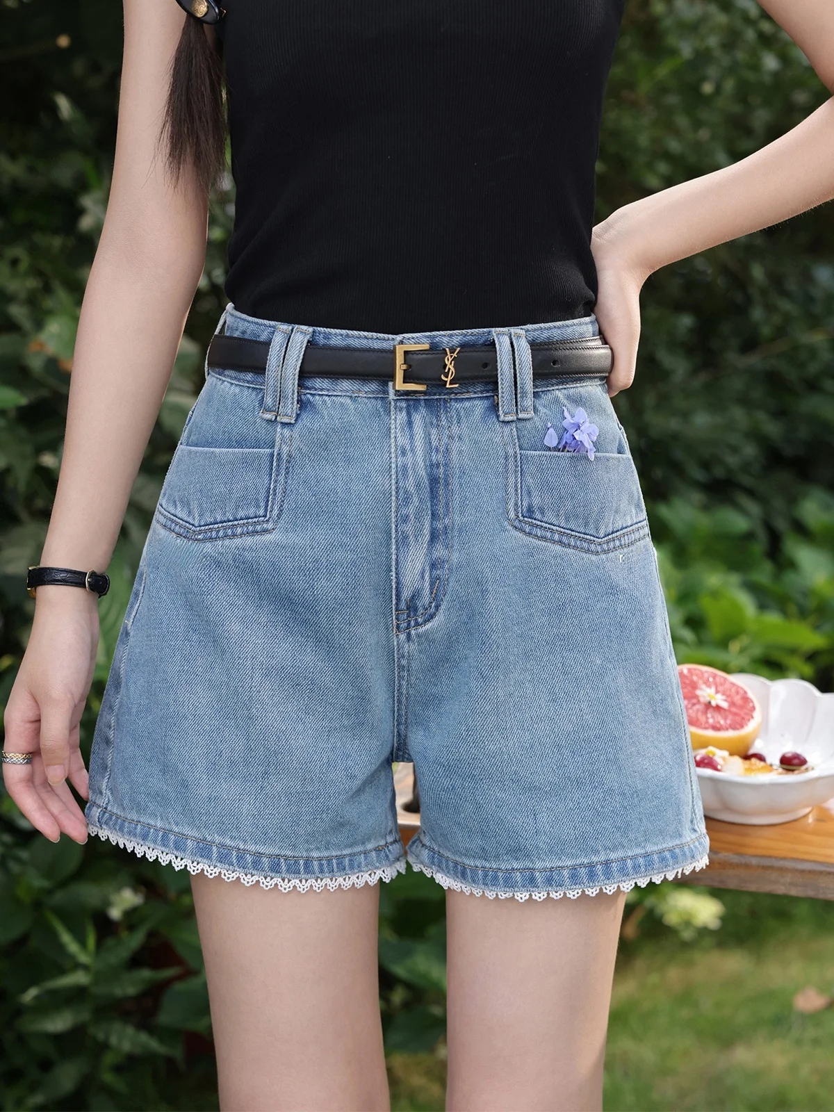 

Джинсовые лыжи с высокой талией и широкими штанинами, синяя кружевная отделка, женские летние джинсы для похудения, повседневные художественные джинсы на молнии, свободный крой