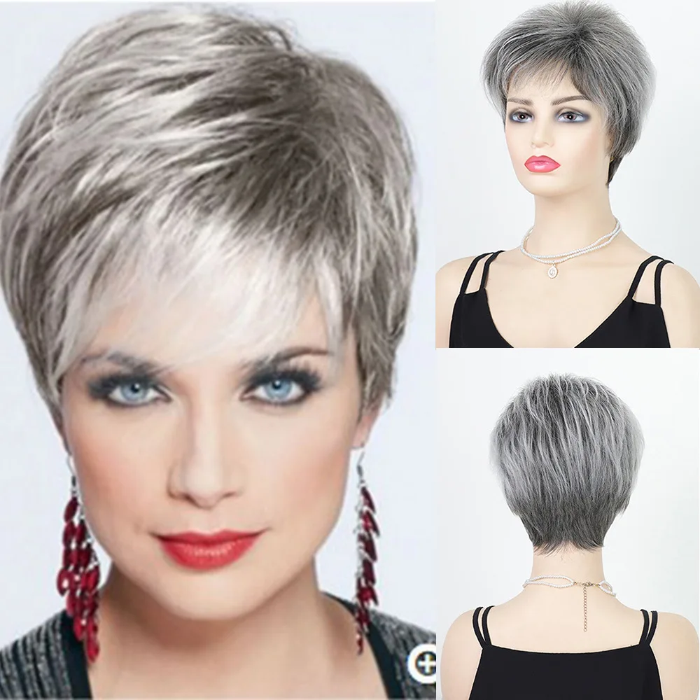 

Silver Grey Short Bob Wig for Women with Side Bangs Heat Resistant Synthetic Full Wig Cap Stylish Hair Replacement