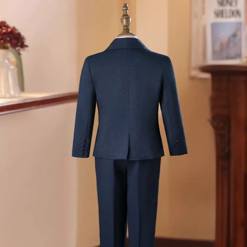 6PCS Boys Navy Blue Tuxedo Suit Set Kids Wedding Flower Boy Party Piano Show Formal Costume Outfit With Brooch 4658