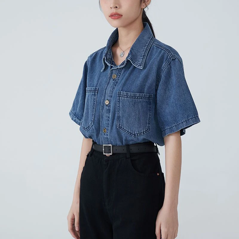 Rimocy Ol Office Denim Shirt for Women Summer 2023 Turn Down Collar Short Sleeve Blouse Woman Fashion Button Up Jean Jacket