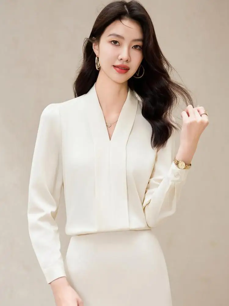 

Spring Autumn White Elegant V Neck Temperament Shirt Women's Professional Long Sleeve Versatile Blouses Office Lady Pullover Top