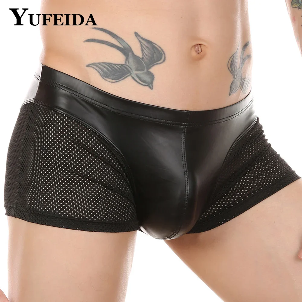 

YUFEIDA Men's Underwear Boxer Shorts Lingerie Sexy Transparent Mesh PU Leather Penis Pouch Boxershorts Trunks Gay Male Clubwear