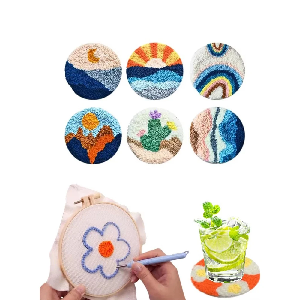 

6PCS DIY Punch Needle Coaster Starter Kits Landscape Wool Poke Magic Embroidery Needle Kit Yarn for Beginners Needlework
