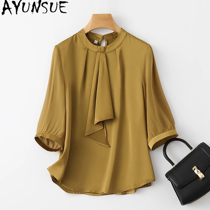 AYUNSUE 95% Genuine Mulberry Silk Womens Shirts Short Sleeved Womens Summer Clothes Fashion Solid Shirt 2024 Tops Топ Женский