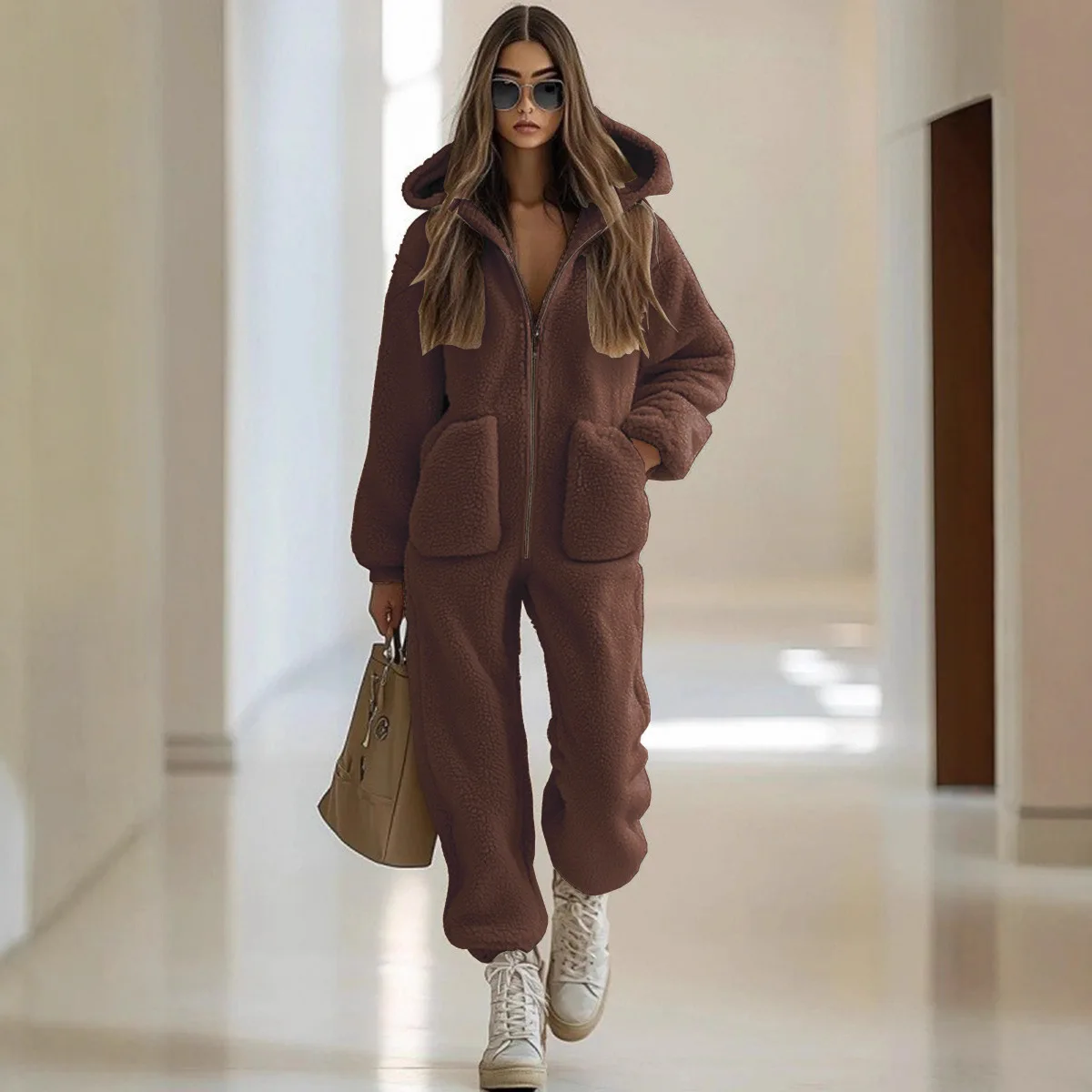 Yaminiya Lamb Wool Warm Thick Jumpsuit Large Pocket Lapel Zipper Women's Clothing Overalls for Women Monos Mujer Jumpsuit Women