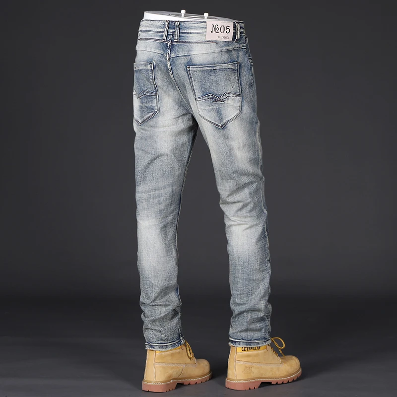 Newly Designer Fashion Men Jeans Retro Gray Blue Elastic Slim Fit Ripped Jeans Men Patchwork Vintage Casual Denim Pants Hombre