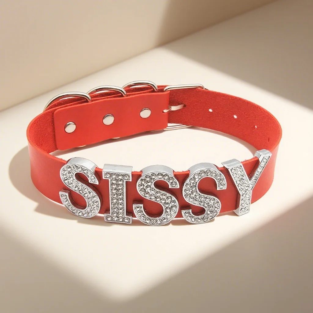 Luxury Shiny Rhinestone SISSY Choker Collar Red PU Leather Personalized Custom Name Letter Necklaces Women Men's Jewelry Gifts