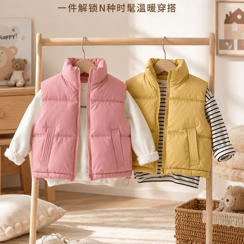 Winter Girls Boys PU Leather Vest Solid Color Thick Warm Stand Collar Waterproof Waistcoat For 3-12Years Cotton Down Jacket