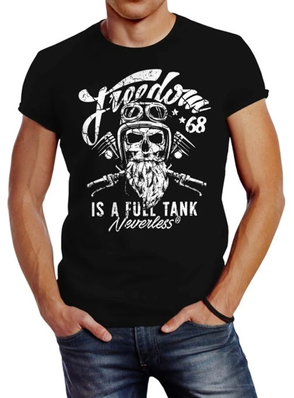 

Herren T-shirt Biker Motorrad Motivation Freedom Is A Complete Tank Skull Totenkopf Slim T-shirt Suitable for Both Men and Women