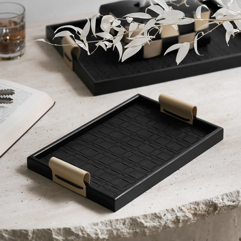 Woven Pattern Black Leather Tray Beige Storage Tray Advanced Aromatherapy Storage Trays Home Living Room Coffee Table Decoration