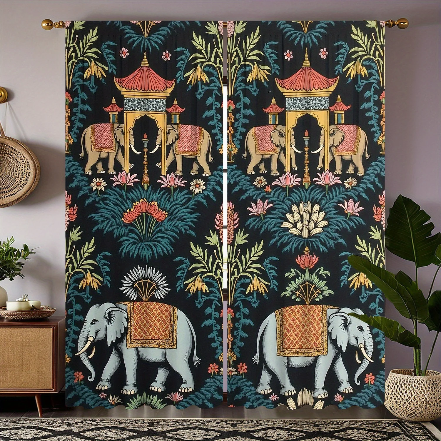 2pcs Vibrant Elephant & Pagoda Print Curtains - Dark Blue Floral Design, Plush Fabric, Semi-Transparent, Rod Pocket Style for