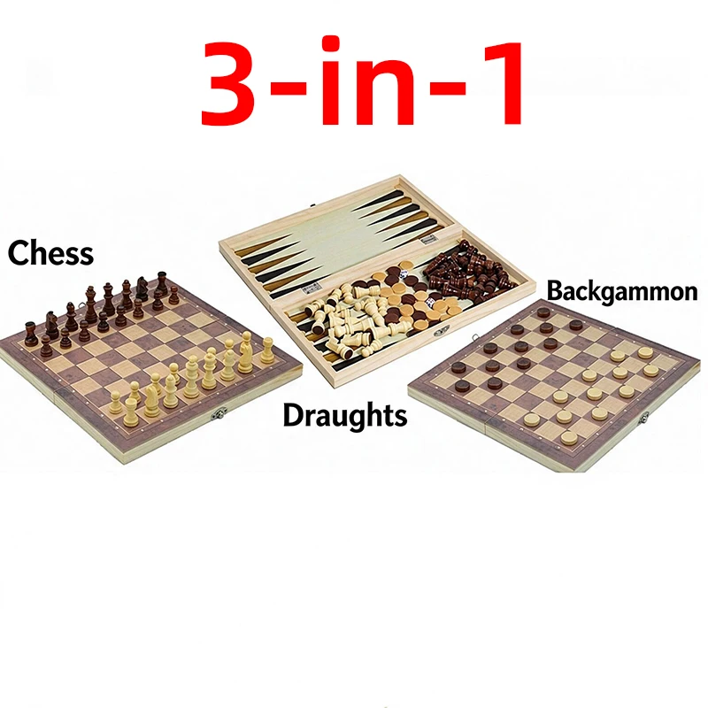 24/29/34/39/44cm 3 in 1 Wooden Chess Set, Folding Board Game, Chess Checkers Backgammon Portable Travel Game