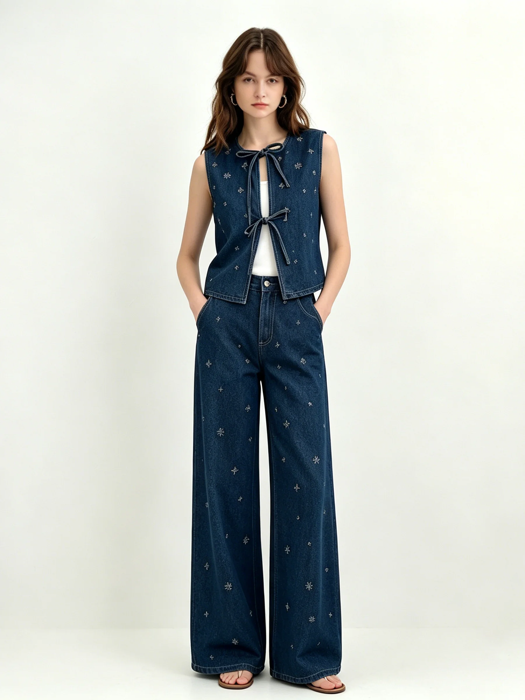 

LIMO Women's Blue Denim Vest Two Piece Set Casual Loose Rhinestone Decor Fashion Streetwear Daily Holiday Summer Matching Outfit