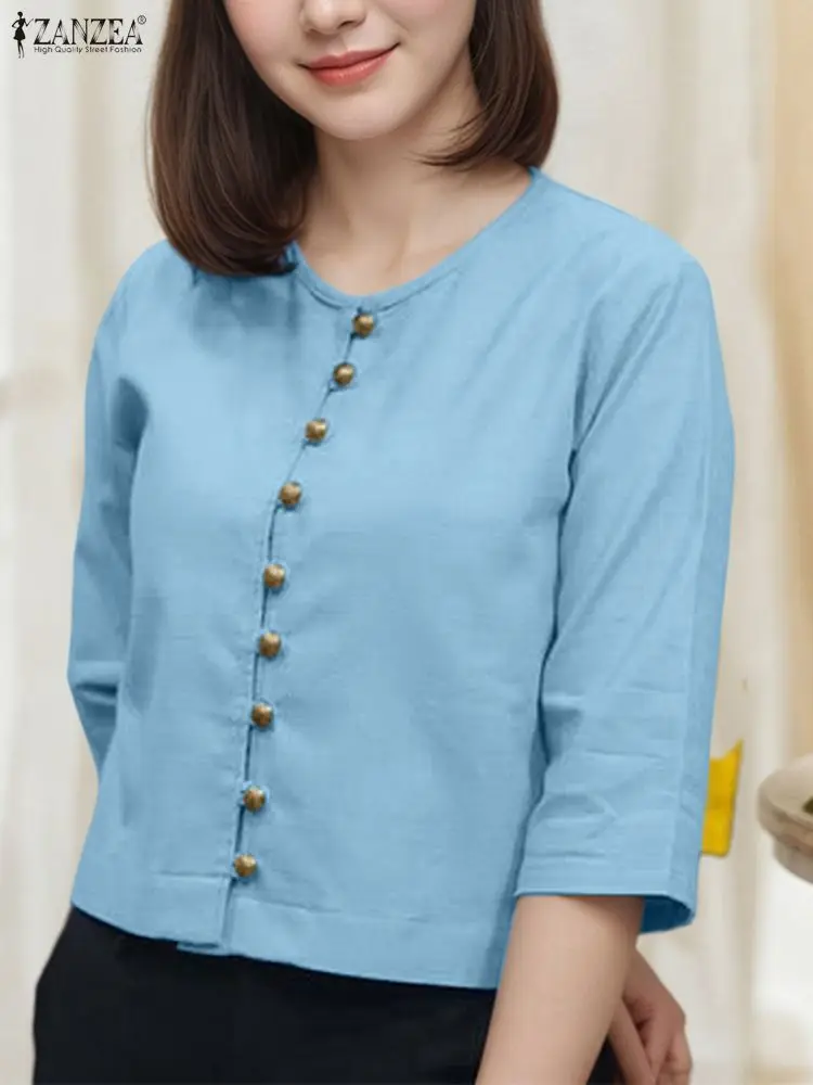 

ZANZEA Элегантные рубашки OL Женская блузка на пуговицах Повседневная туника Топы с рукавами 3/4 Офисные женские Blusas Femininas Сплошной цвет Одежда