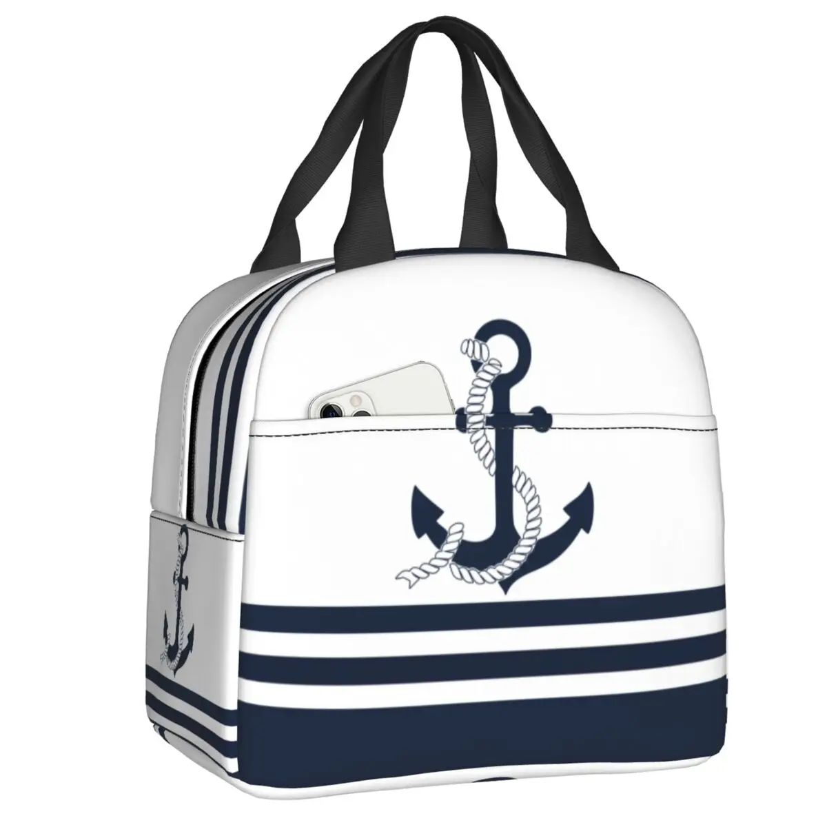 Custom Nautical Blue Anchors With Blue And White Stripes Thermal Insulated Lunch Bag Sailing Sailor Resuable Lunch Food Box