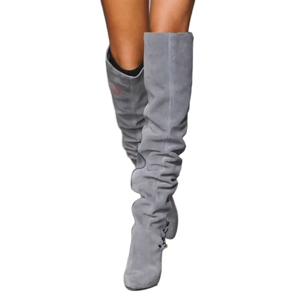 Pleated Wedge Knee High Boots Women Catwalks Sexy Slip On High Chunky Heel Suede Boot Pointed Toe Fashion Ladies Casual Shoes image 4