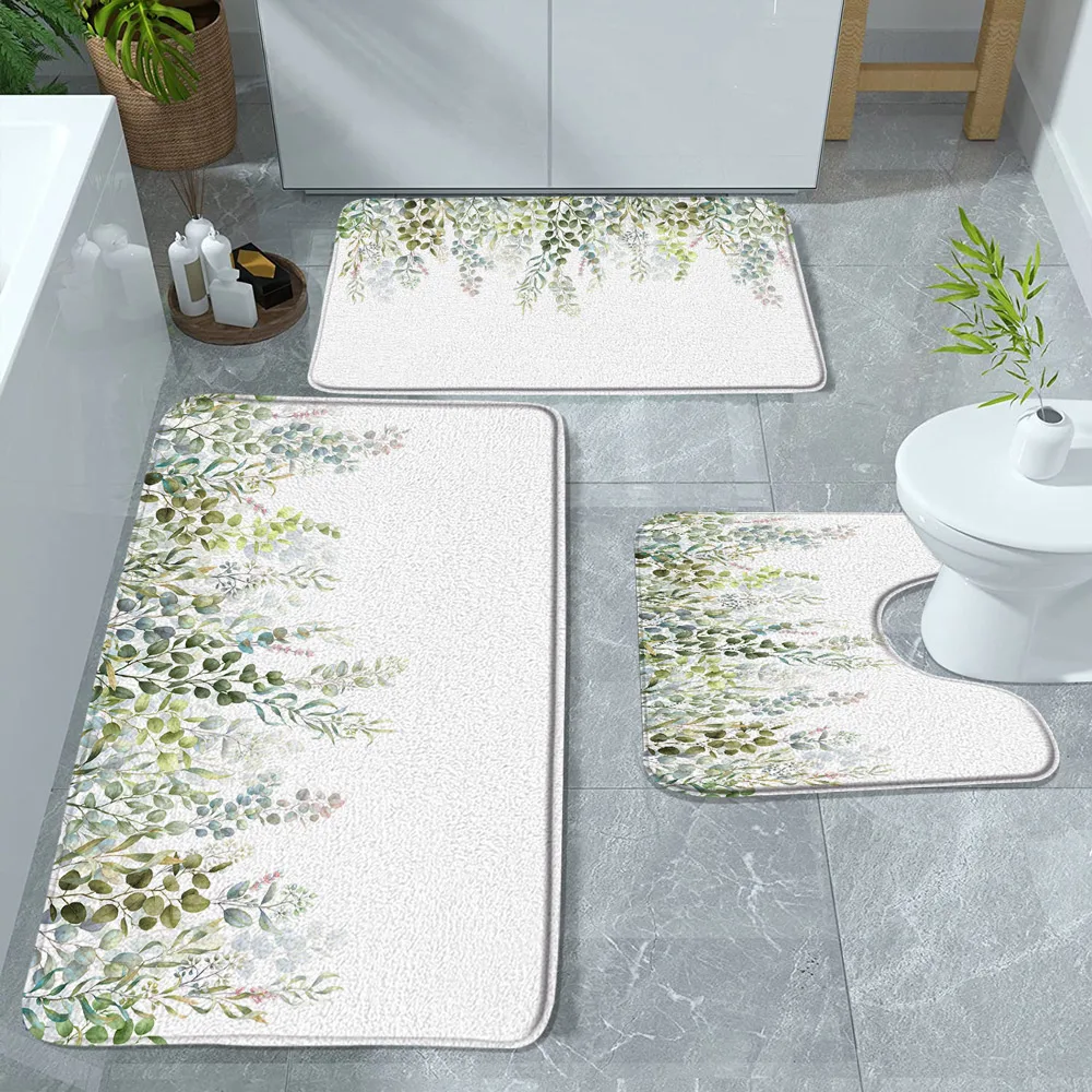 Spring Eucalyptus Leaves Bath Mat Watercolor Vine Plant Green Sage Leaf Botanical Bathroom Rugs Bathtub Flannel Carpet 3pcs/Set