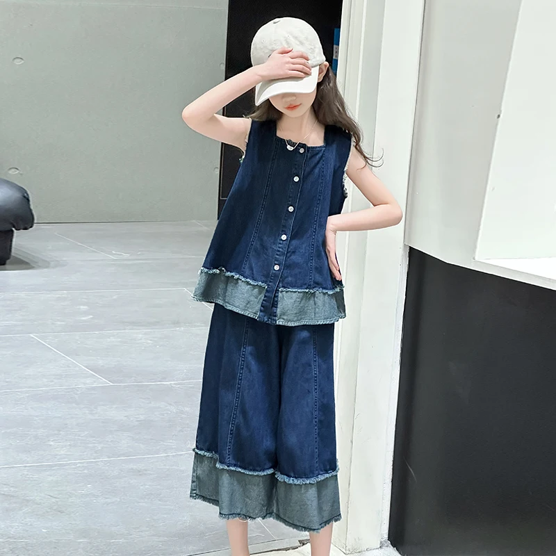 ensemble-d'ete-en-jean-pour-filles-jupe-large-et-gilet-dechire-tenue-decontractee-deux-pieces-pour-enfants-de-3-a-14-ans