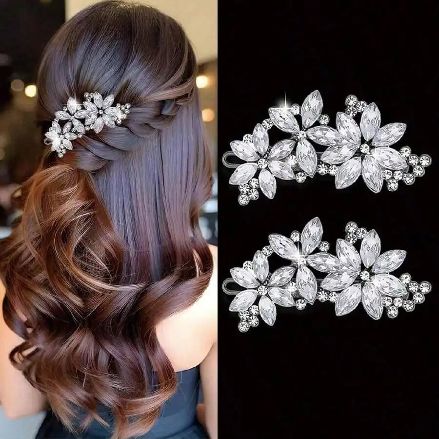 

1/2pcs Glittery Flower Crystal Hair Clips, Silver Wedding Bridal Crystal Flower Hair Clips, Rhinestone For Bride, Bridesmaid